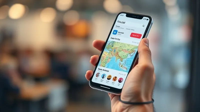 A photorealistic image of a professional's hand holding a smartphone, displaying a travel planning app with flight deals and hotel options. The background is slightly blurred, showing a map of a vibrant, less-known city. The phone screen is sharp and detailed, reflecting smart travel technology. 8K, cinematic lighting, depth of field, professional photography.