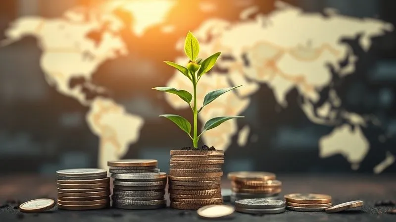 A photorealistic image of stacks of coins and bills growing into a small, vibrant plant, symbolizing financial growth and passive income. Cinematic lighting, sharp focus on the plant and money, depth of field blurring a background of a world map, 8K, professional photography.