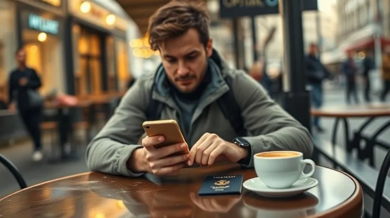 A photorealistic image of a traveler sitting at a cafe table in a European city, looking at a smartphone with a budgeting app open. A passport and a local coffee are on the table. Cinematic lighting, sharp focus on the phone and traveler, depth of field blurring the city background, 8K, professional photography.