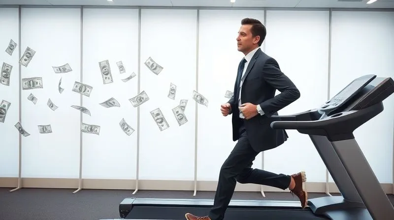 photorealistic, professional photography, 8K, cinematic lighting, sharp focus, depth of field, shot on a high-end DSLR, a well-dressed professional in a suit, looking tired but determined, running on a treadmill with a subtle, shimmering trail of dollar bills appearing behind them, symbolizing the endless pursuit of more, in a modern, minimalist office gym setting.