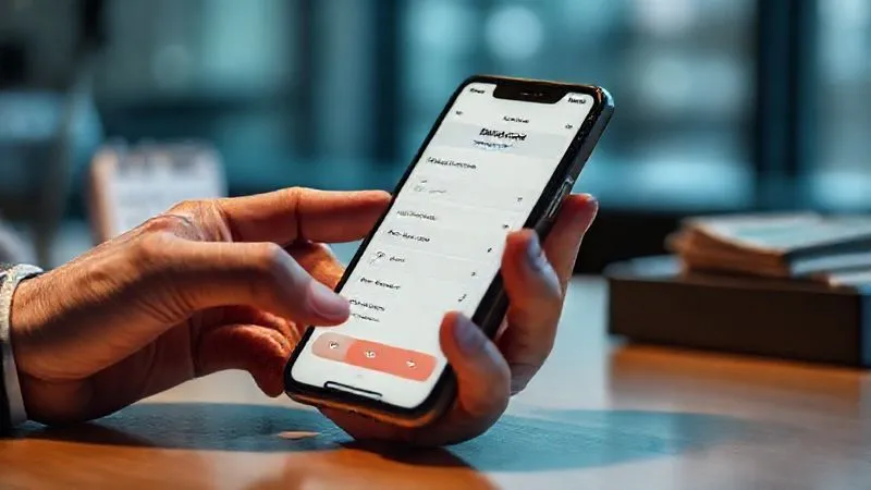 A photorealistic image of a professional setting up automatic payments on a banking app on a smartphone, with a blurred background showing a calendar and a small stack of bills. The scene is well-lit, sharp focus on the phone screen, depth of field, 8K, cinematic lighting, shot on a high-end DSLR.