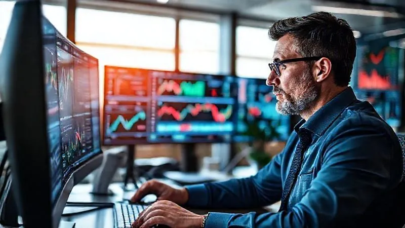 A photorealistic image of a professional, focused and calm, analyzing complex financial charts and data on multiple screens in a modern, well-lit office. The scene emphasizes strategic thinking and data analysis, with sharp focus on the screens and the professional's face, depth of field, 8K, cinematic lighting, shot on a high-end DSLR.