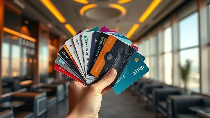 A well-organized hand holding a stack of various airline, hotel, and credit card loyalty cards, fanned out, emphasizing the concept of accumulated rewards and strategic use. The background is a sleek, modern travel setting. Photorealistic, professional photography, 8K, cinematic lighting, sharp focus, depth of field, shot on a high-end DSLR.