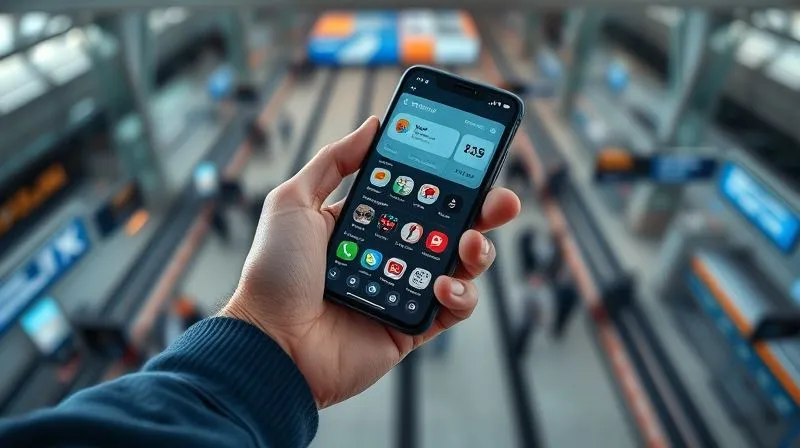 A close-up, high-angle shot of a hand holding a smartphone displaying various travel and expense management apps on its screen, set against a blurred background of a modern airport or train station, symbolizing efficient digital travel. Photorealistic, professional photography, 8K, cinematic lighting, sharp focus, depth of field, shot on a high-end DSLR.