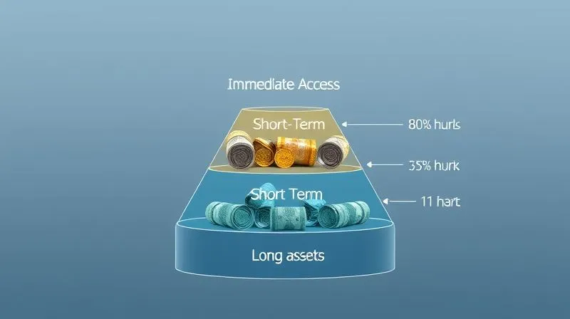A photorealistic infographic showing a three-tiered financial structure, with 'Immediate Access' at the top, 'Short-Term' in the middle, and 'Long-Term' at the bottom, each tier represented by different liquid assets. Professional photography, 8K, sharp focus.