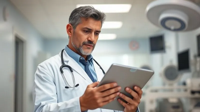 A photorealistic image of a doctor in a modern, clean hospital setting, looking calm and professional while reviewing a tablet, suggesting preparedness amidst a crisis. Soft, natural lighting, sharp focus on the doctor's composed expression, depth of field blurring medical equipment in the background, 8K hyper-detailed.