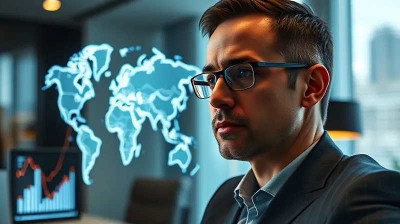 Photorealistic, professional photography, 8K, cinematic lighting, sharp focus, depth of field, shot on a high-end DSLR. A sophisticated CFO, mid-thirties, diverse background, intensely focused on a glowing, transparent 3D projection of global economic indicators and supply chain routes, overlaid with real-time data visualizations. The office is sleek and modern, with soft, ambient lighting. The CFO's expression is one of deep concentration and strategic thought, conveying expertise in navigating complex data.