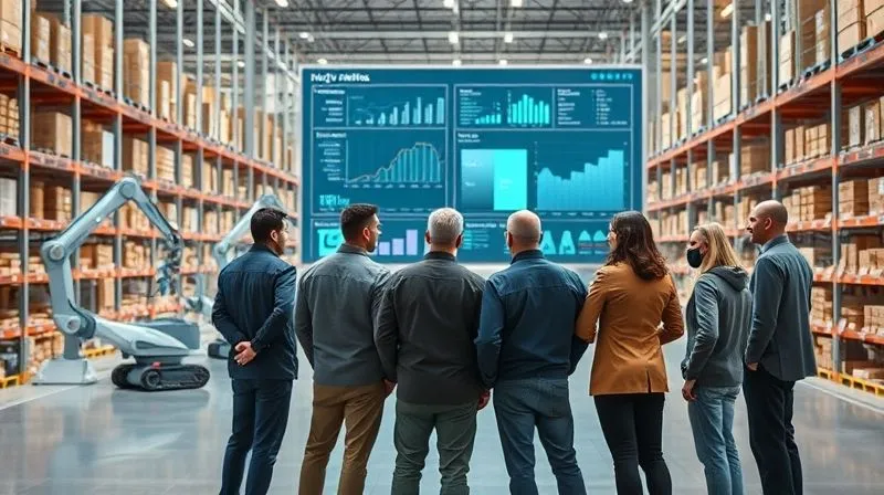 Photorealistic, professional photography, 8K, cinematic lighting, sharp focus, depth of field, shot on a high-end DSLR. A clean, modern warehouse floor with automated robotic arms precisely moving inventory shelves. In the foreground, a diverse team of supply chain managers and a CFO are gathered around a large, transparent digital display showing real-time inventory metrics, predictive analytics, and cost projections. The atmosphere is collaborative and high-tech, emphasizing efficiency and data-driven decisions.