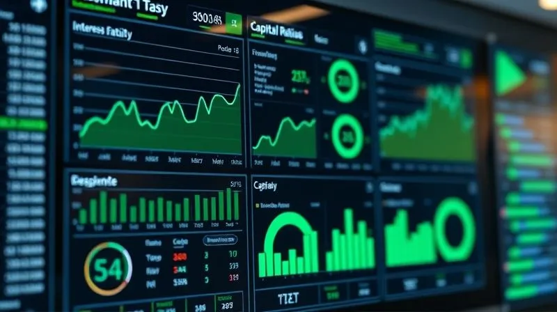 A photorealistic digital dashboard displaying complex financial metrics for Asset-Liability Management (ALM), including interest rate sensitivity curves, liquidity ratios, and capital adequacy, with green indicators for healthy metrics. Professional photography, 8K, cinematic lighting, sharp focus on the screen, depth of field blurring the background.