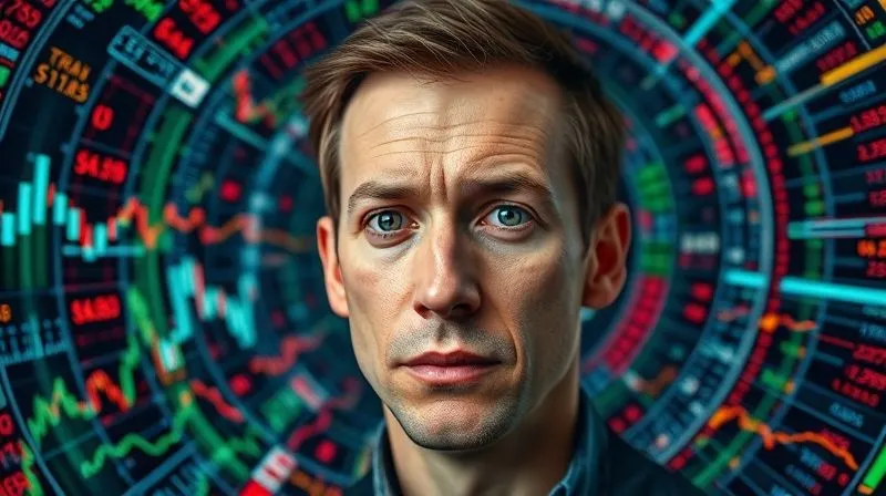 A photorealistic image showing a person's head surrounded by a swirling vortex of complex financial charts, numbers, and stock tickers, symbolizing information overload and analysis paralysis. The person's expression is one of slight bewilderment or being overwhelmed. 8K, cinematic lighting, sharp focus on the person, depth of field, shot on a high-end DSLR.
