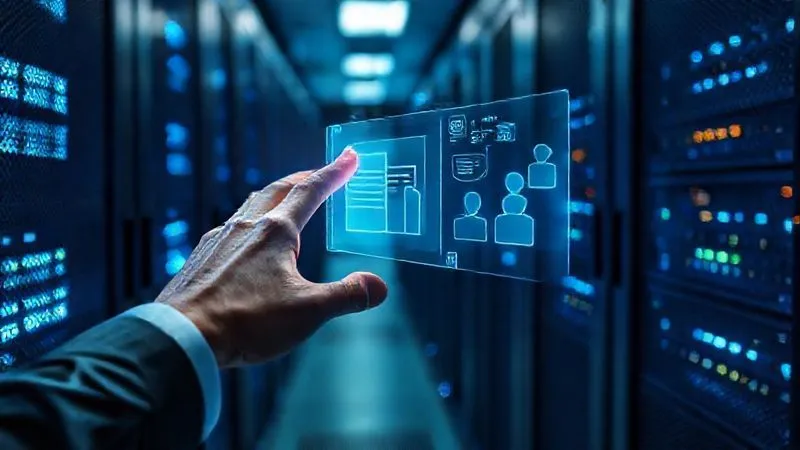 Photorealistic, professional photography of a secure, modern data center server rack, glowing blue lights indicating activity, with a financial advisor's hand reaching to touch a holographic interface displaying digital documents and client profiles, 8K, cinematic lighting, sharp focus on the hand and interface, depth of field blurring the background servers, shot on a high-end DSLR. The image conveys advanced, secure, and organized record-keeping.