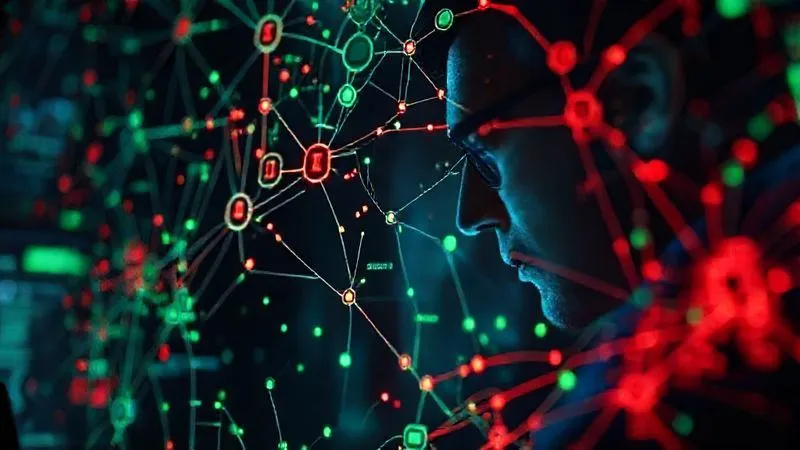 A photorealistic, professional photography, 8K, cinematic lighting, sharp focus, depth of field, shot on a high-end DSLR, depicting a cybersecurity analyst intently observing a holographic display that projects a complex, interconnected web of virtual currency transactions. The display highlights suspicious clusters and pathways in red, while legitimate flows are green, symbolizing the process of tracing illicit funds through blockchain analytics.