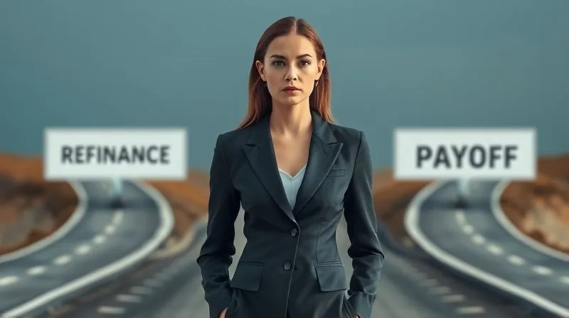 Photorealistic, professional photography, 8K, cinematic lighting, sharp focus, depth of field, shot on a high-end DSLR. A well-dressed professional (30s, female, determined expression) stands at a crossroads of three diverging pathways, one labeled 'Refinance', another 'IDR', and a third 'Aggressive Payoff'. The path ahead is clear and well-lit, while the background is slightly blurred, emphasizing the decision-making process. The mood is empowering and strategic.