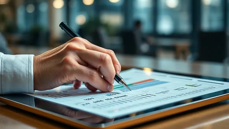 A photorealistic image of a detailed financial budget spreadsheet being meticulously analyzed on a tablet, with a hand holding a stylus, cinematic lighting, sharp focus on the numbers, depth of field blurring a modern office background, 8K hyper-detailed, shot on a high-end DSLR.