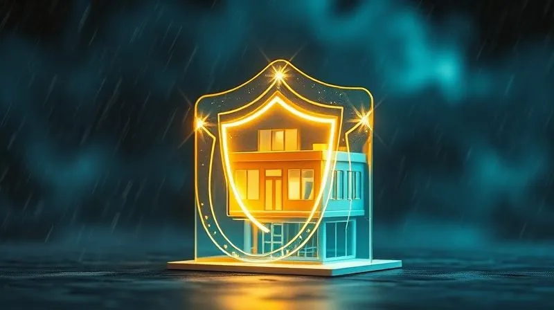 A photorealistic image of a strong, transparent shield made of glowing energy protecting a miniature stylized insurance agency building, with a stormy background representing risks. Professional photography, 8K, cinematic lighting, sharp focus on the shield and building, depth of field, shot on a high-end DSLR.