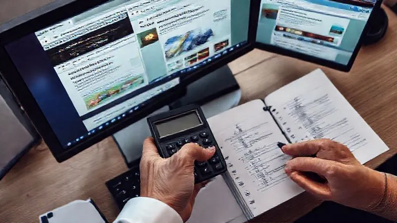 A photorealistic overhead shot of a desktop with multiple open browser tabs on a monitor, displaying different state tax authority websites. A hand is holding a calculator, and a notebook with complex sales figures is visible. Professional photography, 8K, cinematic lighting, sharp focus, depth of field.