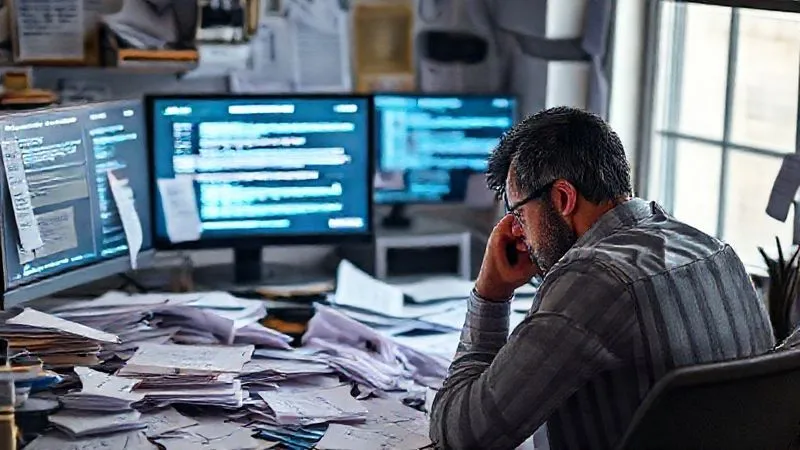 A photorealistic image of a stressed e-commerce business owner looking at a chaotic desk overflowing with paper tax forms and computer screens showing error messages. In the background, a digital tax compliance software interface is subtly glowing, representing a solution. Professional photography, 8K, cinematic lighting, sharp focus, depth of field.