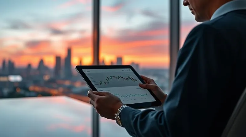 photorealistic, professional photography, 8K, cinematic lighting, sharp focus, depth of field, shot on a high-end DSLR. A person in a modern office reviews a complex investment portfolio on a tablet, with a backdrop of a vibrant, growing city skyline at sunset. The scene subtly blends digital finance with urban development, symbolizing long-term growth and strategic planning, evoking a sense of future prosperity.