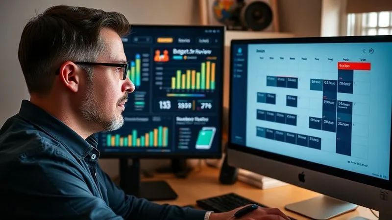 A person (gender-neutral, professional attire) looking thoughtfully at a multi-screen setup in a home office. One screen displays a detailed financial dashboard with charts and digital envelope balances, another shows a calendar with 'Budget Review' marked. The scene conveys focus and proactive financial management. photorealistic, professional photography, 8K, cinematic lighting, sharp focus, depth of field, shot on a high-end DSLR.