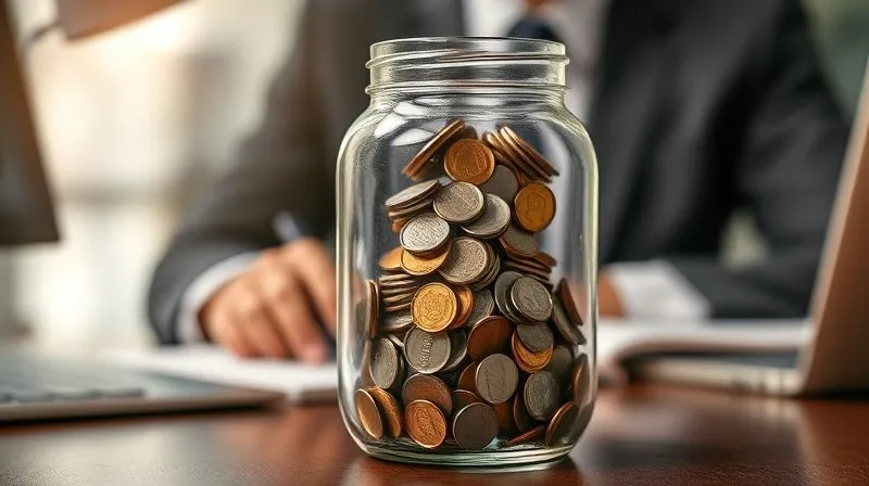 A photorealistic image of a transparent glass jar filling up with coins and banknotes, symbolizing automated savings. The background shows a blurry professional working at a desk, emphasizing the 'set it and forget it' aspect. Professional photography, 8K, cinematic lighting, sharp focus on the money jar, depth of field blurring the background, shot on a high-end DSLR.