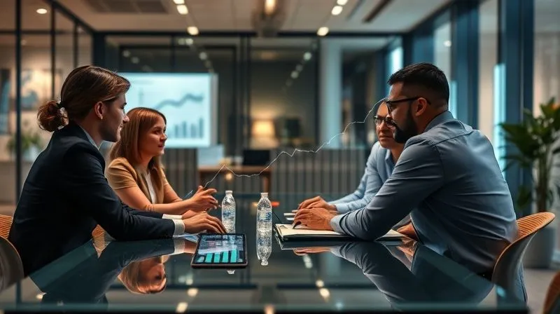 A photorealistic image of diverse professionals collaborating around a modern meeting table, with subtle digital overlays indicating financial growth charts and network connections. The atmosphere is one of innovation and shared success. Professional photography, 8K, cinematic lighting, sharp focus on the group interaction, depth of field blurring the office background, shot on a high-end DSLR.