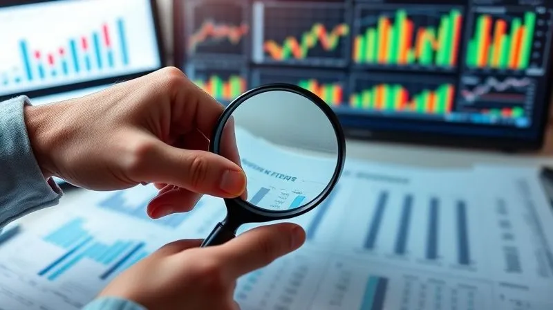 photorealistic, professional photography, 8K, cinematic lighting, sharp focus, depth of field, shot on a high-end DSLR, a person's hand holding a magnifying glass over a financial statement or spreadsheet, with charts and graphs on a computer screen in the background, conveying meticulous review and financial analysis, a focused and thoughtful expression.