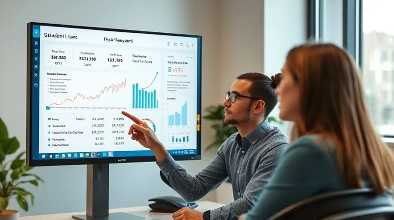 Photorealistic image of a student looking intently at a screen displaying a complex student loan repayment dashboard, with various graphs and figures. A calm, professional financial advisor is pointing to a specific section on the screen, explaining options. The setting is a modern, clean office. 8K, professional photography, sharp focus on the screen and faces, depth of field blurring the background, shot on a high-end DSLR.