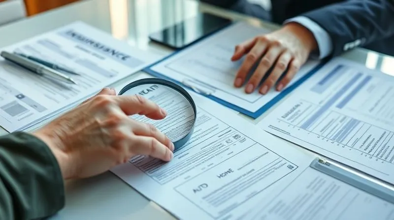 A photorealistic, close-up shot of a professional's hands carefully reviewing various insurance documents – health, auto, and home – spread out on a polished desk. A magnifying glass rests on one document, suggesting scrutiny and attention to detail. The lighting is bright and clear, emphasizing transparency and careful planning, 8K, cinematic lighting, sharp focus, depth of field, shot on a high-end DSLR.