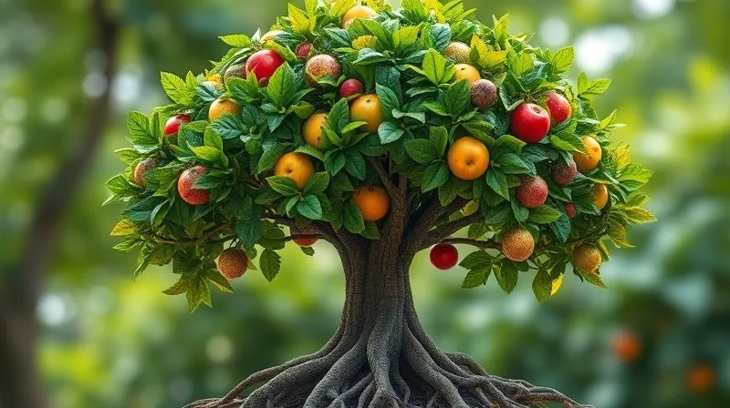 A photorealistic image of a diverse portfolio represented by a vibrant, growing financial tree with different types of leaves and fruits, symbolizing various asset classes. The roots are deep and strong, anchoring the tree firmly. 8K, cinematic lighting, sharp focus, depth of field.