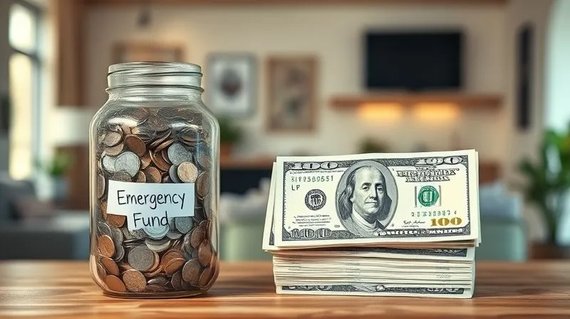 A photorealistic, professional photography, 8K, cinematic lighting, sharp focus, depth of field, shot on a high-end DSLR of two distinct glass jars side-by-side on a wooden table. One jar is filled with various coins and bills, labeled 'Emergency Fund'. The other, slightly larger, is filled with neatly stacked hundred-dollar bills, labeled 'Down Payment'. The background is a softly blurred modern home interior, symbolizing the goal.