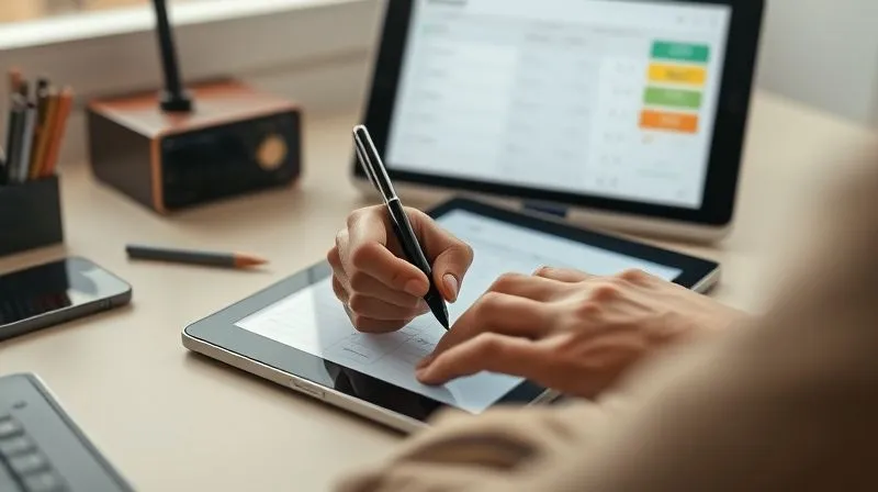 photorealistic, professional photography, 8K, cinematic lighting, sharp focus, depth of field, shot on a high-end DSLR, a person's hands meticulously tracking expenses on a tablet, with a digital pen, surrounded by a few minimalist office items, the screen showing a detailed virtual envelope budgeting interface with green, yellow, and red indicators for different categories, representing active financial management and control.