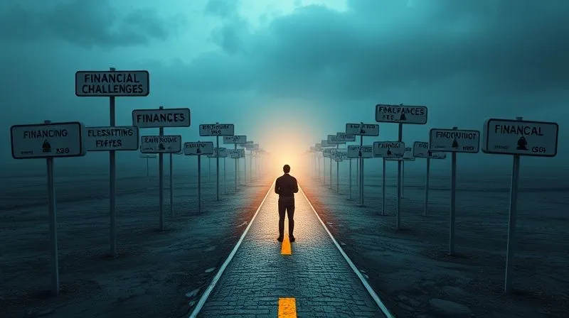 photorealistic, professional photography, 8K, cinematic lighting, sharp focus, depth of field, shot on a high-end DSLR, a person standing at a digital crossroads, looking at multiple confusing paths labeled with financial challenges, but with a clear, illuminated path forward representing a solution, conveying a sense of decision-making and overcoming obstacles in digital finance.