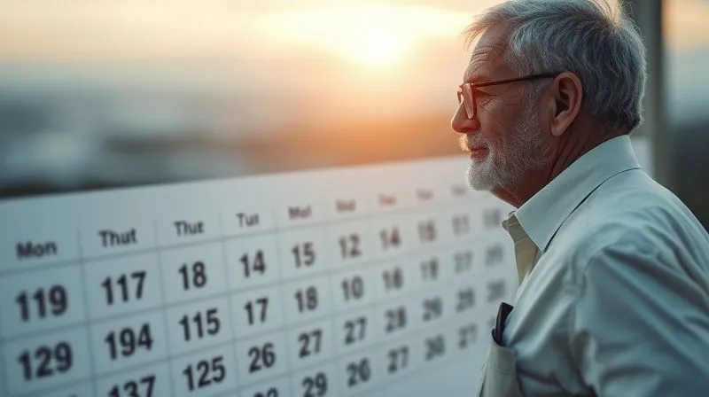 A photorealistic image depicting a calendar with years stretching far into the future, overlaid with a subtle, shimmering heat haze effect symbolizing inflation. In the background, a wise, older professional is calmly looking at the horizon, representing longevity and foresight. Cinematic lighting, sharp focus, depth of field, 8K, shot on a high-end DSLR.
