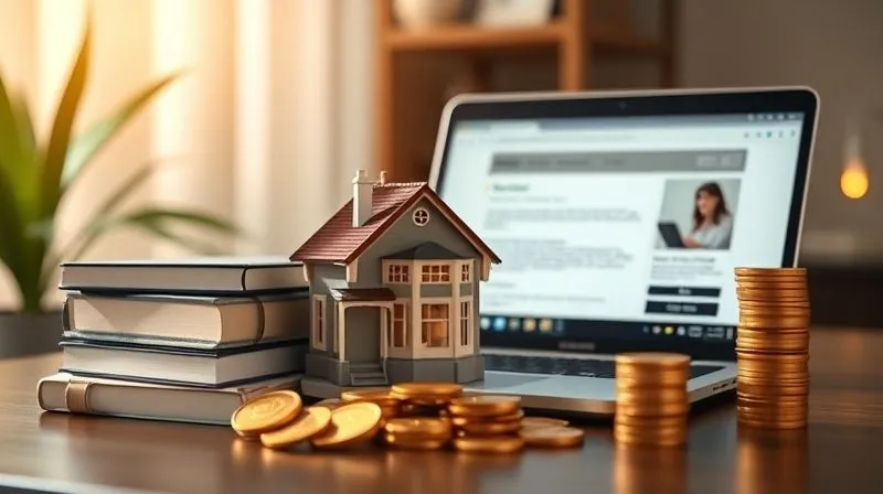 A photorealistic image of a diverse set of income-generating assets arranged harmoniously: a small, elegant model house, a stack of books, a laptop displaying an online course, and a few gold coins, all bathed in warm, inviting light. Sharp focus on the foreground elements, depth of field blurring a serene, financially secure background. 8K, cinematic lighting, shot on a high-end DSLR.