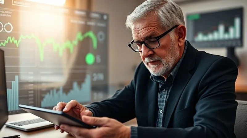 A photorealistic image of a wise, older professional looking thoughtfully at a digital dashboard displaying various financial metrics (charts, numbers) with a slight green glow, indicating healthy performance. Their hand is poised over a tablet, suggesting active monitoring and adjustment. The background is a modern, minimalist home office. Cinematic lighting, sharp focus, depth of field, 8K, shot on a high-end DSLR, conveying control and foresight.