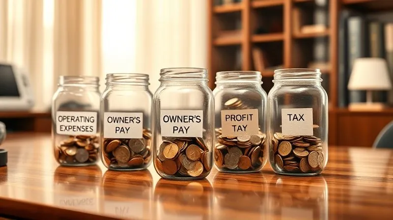 A photorealistic image of several transparent glass jars, each labeled with financial categories like 'Operating Expenses', 'Owner's Pay', 'Profit', and 'Tax', filled with varying amounts of coins and bills, arranged neatly on a wooden desk. The background is a softly blurred office environment, illuminated by warm, professional lighting, sharp focus on the jars, 8K hyper-detailed, shot on a high-end DSLR.