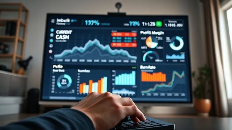 A photorealistic, professional photography image of a sophisticated financial dashboard displayed on a large, high-resolution monitor in a modern, well-lit home office. The dashboard features various interactive charts, graphs (line graphs for trends, bar charts for comparisons), and key performance indicators (KPIs) like 'Current Cash Balance', 'Profit Margin', and 'Burn Rate', all clearly visible. A small business owner's hands are subtly visible, perhaps resting on a keyboard or mouse, in the foreground. Cinematic lighting highlights the screen's data, sharp focus on the dashboard, depth of field blurring the background, 8K hyper-detailed, shot on a high-end DSLR.