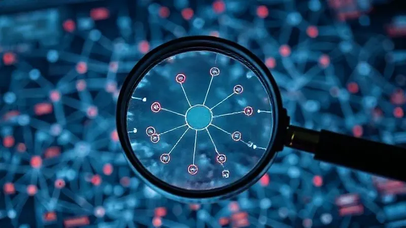 A photorealistic image of a digital magnifying glass hovering over a complex network diagram, highlighting various nodes and connections, with subtle red warning signs appearing over vulnerable points, cinematic lighting, sharp focus on the diagram, depth of field blurring the background, 8K hyper-detailed, professional photography, shot on a high-end DSLR.
