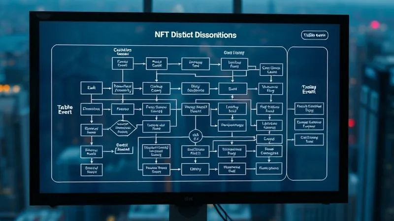 A photorealistic, professional photography, 8K, cinematic lighting, sharp focus, depth of field shot on a high-end DSLR of a complex flowchart on a digital screen, illustrating the various pathways and decision points for NFT dispositions (sale, swap, gift, burn), with clear 'taxable event' markers. The background is a blurred cityscape, suggesting global financial activity.