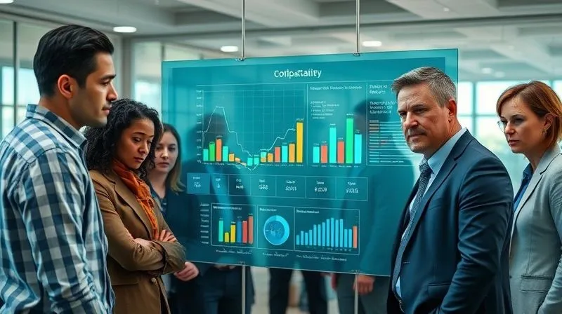 A photorealistic image of several diverse business professionals gathered around a large, transparent digital display showing comparative ESG performance charts and industry benchmarks, their expressions serious and analytical. Professional photography, 8K, cinematic lighting, sharp focus on the display and faces, depth of field blurring the office background, shot on a high-end DSLR, conveying collaborative analysis.