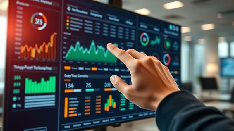 A photorealistic image depicting a dynamic, evolving ESG dashboard with real-time data streams and trend lines, showing progress and alerts. A hand points to a specific metric on the screen. Professional photography, 8K, cinematic lighting, sharp focus on the dashboard, depth of field blurring a modern office setting, shot on a high-end DSLR, conveying continuous monitoring and adaptation.