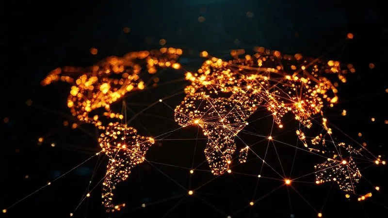 A photorealistic, professional photography, 8K, cinematic lighting, sharp focus, depth of field, shot on a high-end DSLR. A complex, glowing network of interconnected lines representing global economies, with a few key nodes dimming and flickering, indicating stress and potential failure points, set against a dark, analytical background.