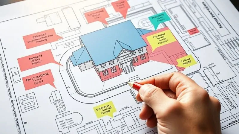 A photorealistic, professional photography, 8K, cinematic lighting, sharp focus, depth of field, shot on a high-end DSLR of a commercial property blueprint with various colored overlays indicating environmental risks, structural issues, and legal red flags, with a hand holding a red pen marking critical areas.