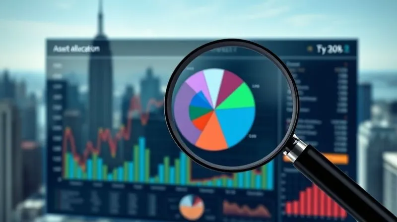 A photorealistic image of a digital dashboard displaying a complex pie chart representing asset allocation, with an overlay of a magnifying glass highlighting specific segments for potential adjustment. The background is a blurred financial district skyline. Cinematic lighting, sharp focus on the dashboard, 8K hyper-detailed.