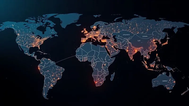A photorealistic image of a global financial map with illuminated data points connecting different continents, representing international investments and tax treaties. The image features a subtle overlay of digital code and financial graphs. Cinematic lighting, sharp focus on the map, 8K hyper-detailed.