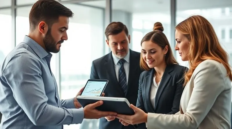 A photorealistic image of a diverse group of professionals (financial advisor, tax attorney, CPA) in a modern conference room, engaged in a collaborative discussion around a shared tablet displaying complex financial data. Cinematic lighting, sharp focus on the faces and tablet, 8K hyper-detailed, conveying teamwork and expert collaboration.