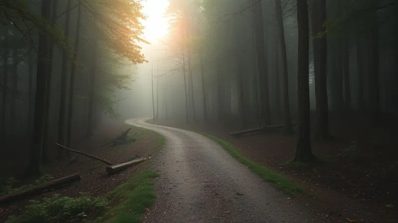 photorealistic, professional photography, 8K, cinematic lighting, sharp focus, depth of field, shot on a high-end DSLR. A winding, clear path leading through a dense, foggy forest, with sunlight breaking through the canopy ahead. The path is well-defined but still requires effort. This symbolizes a clear, step-by-step solution emerging from a complex problem. The lighting is hopeful and directional.