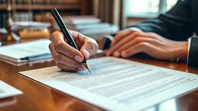 A photorealistic close-up of a notary public's hand signing an official-looking document, with a fountain pen, on a polished wooden desk, surrounded by other legal papers, a blurred background of a law office, symbolizing the finalization of important estate planning, cinematic lighting, sharp focus on the pen and document, 8K hyper-detailed.