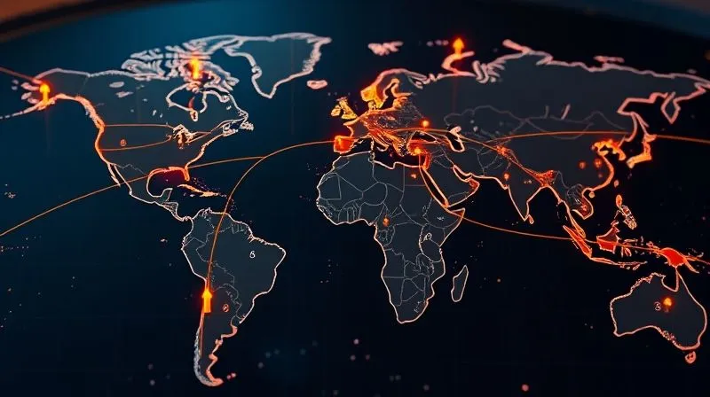 photorealistic, professional photography, 8K, cinematic lighting, sharp focus, depth of field, shot on a high-end DSLR, a detailed world map with glowing lines connecting major financial centers, arrows pointing upwards from each, symbolizing synchronized global interest rate hikes, with monetary symbols subtly incorporated, conveying interconnectedness and economic pressure.