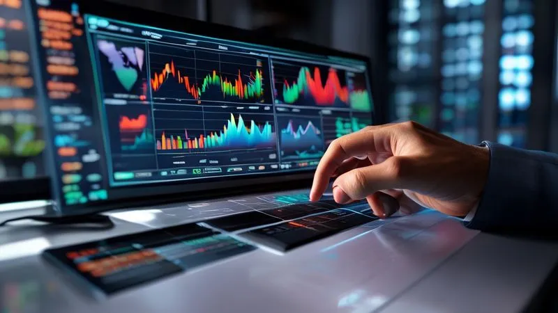 photorealistic, professional photography, 8K, cinematic lighting, sharp focus, depth of field, shot on a high-end DSLR. A sophisticated financial dashboard displaying various economic indicators like GDP charts, inflation rates, and employment figures, with a hand pointing to a declining trend line, symbolizing data analysis and informed decision-making.